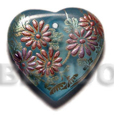 heart 35mm transparent blue resin  handpainted design - floral / embossed hand painted using japanese materials in the form of maki-e art a traditional japanese form of hand painting - Hand Painted Pendants