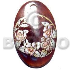 oval 50mmx40mm blacktab shell  handpainted design -  metallic/embossed / floral hand painted using japanese materials in the form of maki-e art a traditional japanese form of hand painting - Hand Painted Pendants