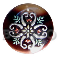 round 50mm blacktab shell  handpainted design -  metallic/embossed / fern hand painted using japanese materials in the form of maki-e art a traditional japanese form of hand painting - Hand Painted Pendants