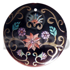 round 50mm blacktab shell  handpainted design -  metallic/embossed / floral hand painted using japanese materials in the form of maki-e art a traditional japanese form of hand painting - Hand Painted Pendants