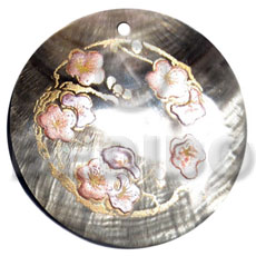 round 50mm blacklip shell  handpainted design -  metallic/embossed / floral hand painted using japanese materials in the form of maki-e art a traditional japanese form of hand painting - Hand Painted Pendants