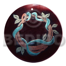 round 50mm blacktab shell  handpainted design -  metallic/embossed / wreath hand painted using japanese materials in the form of maki-e art a traditional japanese form of hand painting - Hand Painted Pendants