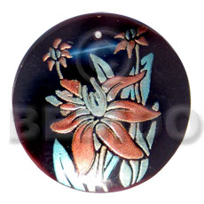 round 50mm blacktab shell  handpainted design -  metallic/embossed / floral hand painted using japanese materials in the form of maki-e art a traditional japanese form of hand painting - Hand Painted Pendants