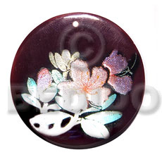 round 50mm blacktab shell  handpainted design -  metallic/embossed / floral hand painted using japanese materials in the form of maki-e art a traditional japanese form of hand painting - Hand Painted Pendants