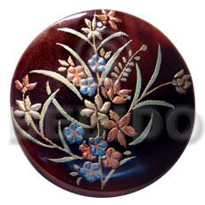 round 50mm blacktab shell  handpainted design -  metallic/embossed / floral hand painted using japanese materials in the form of maki-e art a traditional japanese form of hand painting - Hand Painted Pendants