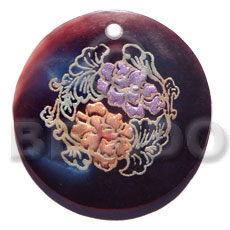 round 50mm blacktab shell  handpainted design -  metallic/embossed / floral hand painted using japanese materials in the form of maki-e art a traditional japanese form of hand painting - Hand Painted Pendants