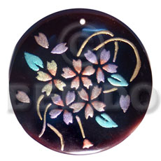 round 50mm blacktab shell  handpainted design -  metallic/embossed / floral hand painted using japanese materials in the form of maki-e art a traditional japanese form of hand painting - Hand Painted Pendants