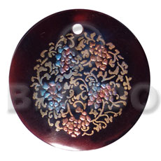 round 50mm blacktab shell  handpainted design -  metallic/embossed / floral hand painted using japanese materials in the form of maki-e art a traditional japanese form of hand painting - Hand Painted Pendants