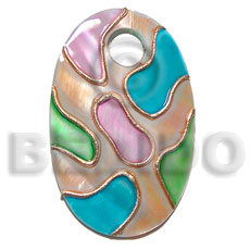 handpainted and colored oval 45mmx30mm  7mm hole kabibe shell pendant embellished  elevated /embossed metallic paint accent lines / pastel and gold tones - Hand Painted Pendants