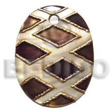 handpainted and colored oval 30mmx20mm kabibe  3mm hole shell pendant embellished  elevated /embossed metallic paint accent lines / brown and gold tones - Hand Painted Pendants