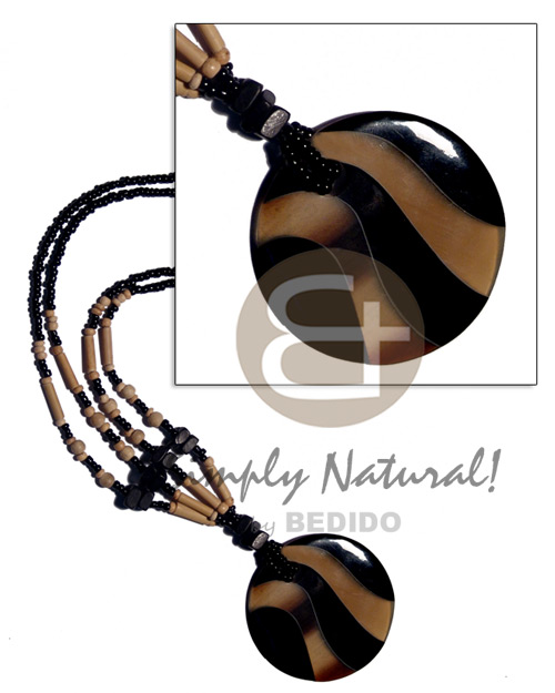 round 50mm black horn/golden horn pendant on 2 layers black glass beads  black coco sq. cut/bamboo/coco Pokalet & wood beads combination - Home