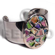haute hippie 38mmx28mm metal cuff bangle  58mmx43mm oval glistening multicolor abalone / molten silver metal series / electroplated - Shell Bangles