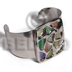 haute hippie 38mmx28mm metal cuff bangle  48mmx40mm rectangular glistening multicolor abalone / molten silver metal series / electroplated - Shell Bangles