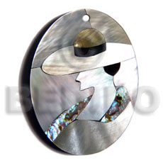 50mmx38mm oval pendant /elegant hat lady delicated etched in  shells - brownlip, blacklip and paua combination in jet black laminated resin / 5mm thickness - Shell Pendant