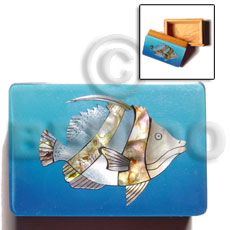 wooden jewelry box  blue top  shell inlaid fish design/large - Home