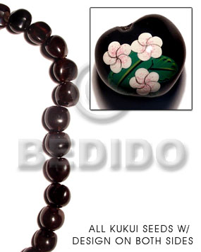 kukui seed / black  flower design on 2 sides / 16 pcs. per strand - Home