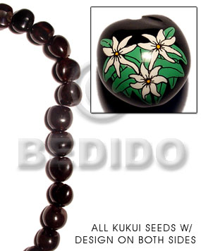 kukui seed / black  flower design on 2 sides / 16 pcs. per strand - Home