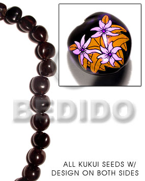 kukui seed / black  flower design on 2 sides / 16 pcs. per strand - Home