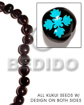 kukui seed / black  flower design on 2 sides / 16 pcs. per strand - Home