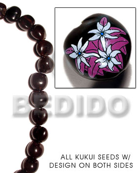 kukui seed / black  flower design on 2 sides / 16 pcs. per strand - Home