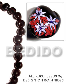 kukui seed / black  flower design on 2 sides / 16 pcs. per strand - Home