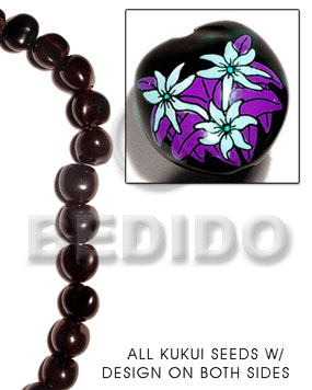 kukui seed / black  flower design on 2 sides / 16 pcs. per strand - Home