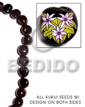 kukui seed / black  flower design on 2 sides / 16 pcs. per strand - Home