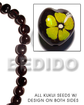 kukui seed / black  flower design on 2 sides / 16 pcs. per strand - Home