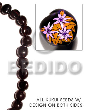 kukui seed / black  flower design on 2 sides / 16 pcs. per strand - Home