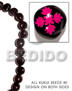 kukui seed / black  flower design on 2 sides / 16 pcs. per strand - Home