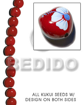kukui seed / red  flower design on 2 sides / 16 pcs. per strand - Home
