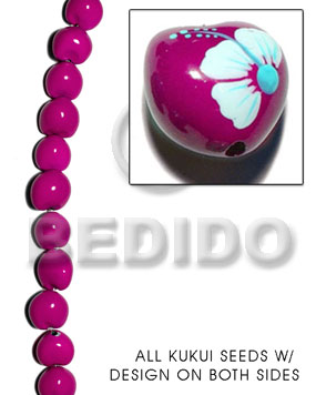 kukui seed / fuschia  flower design on 2 sides / 16 pcs. per strand - Home