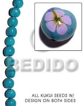 kukui seed / aqua blue  flower design on 2 sides / 16 pcs. per strand - Home