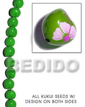kukui seed / forest green  flower design on 2 sides / 16 pcs. per strand - Home