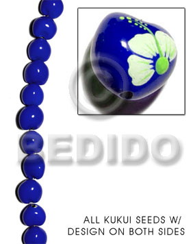 kukui seed / blue  flower design on 2 sides / 16 pcs. per strand - Home