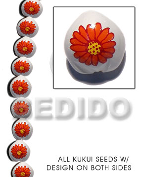 kukui seed / white  flower design on 2 sides / 16 pcs. per strand - Home