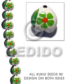 kukui seed / white  flower design on 2 sides / 16 pcs. per strand - Home