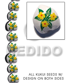kukui seed / white  flower design on 2 sides / 16 pcs. per strand - Home