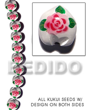 kukui seed / white  flower design on 2 sides / 16 pcs. per strand - Home