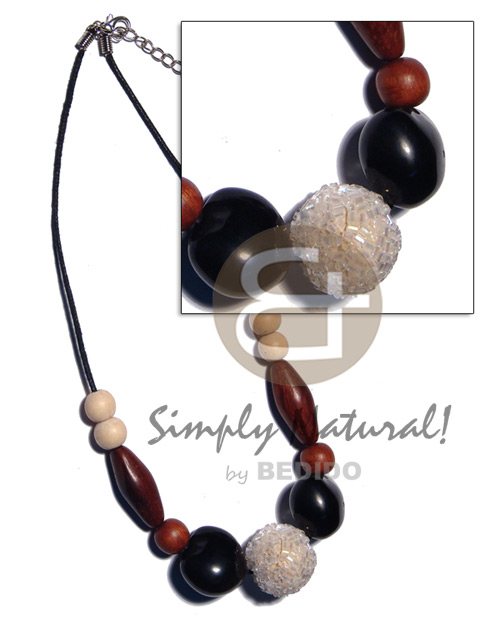 20mm round wrapped wood beads, black kukui nuts and wood beads combination in black wax cord - Home