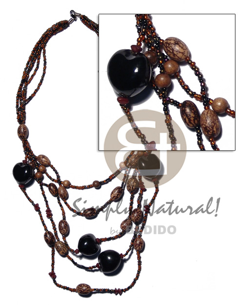 5 rows graduated multilayered dark brown glass beads  kukui nut, oval buri tiger seeds and wood beads accent / 30 in - Home