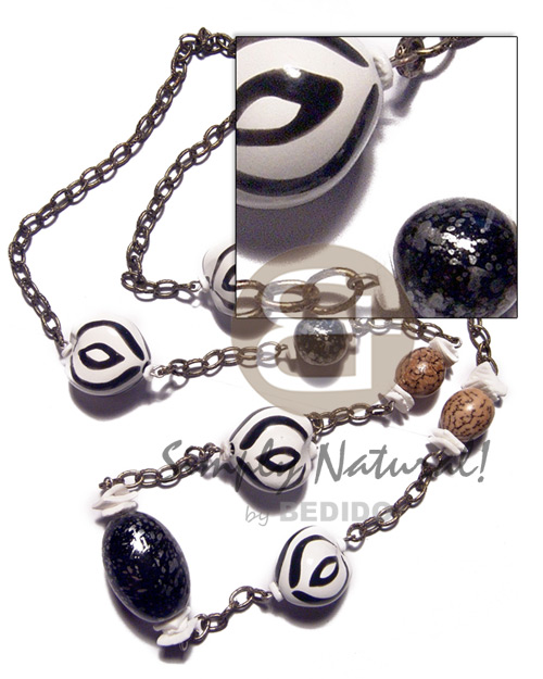 4 pcs. zebra kukui nut  buri tiger seeds, white rose, metallic wood beads combination in endless metal chain / 40in - Home