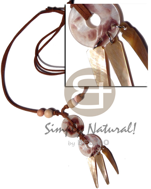 25mm ring hammershells  dangling 40mmx10mm brownlip sticks in double leather thong  wood beads accent - Home