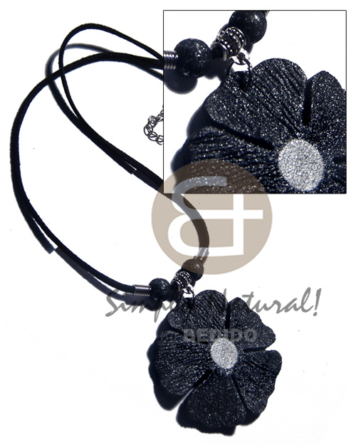50mm flower black textured painted wood  metallic silver splashing in dark brown leather thong - Home