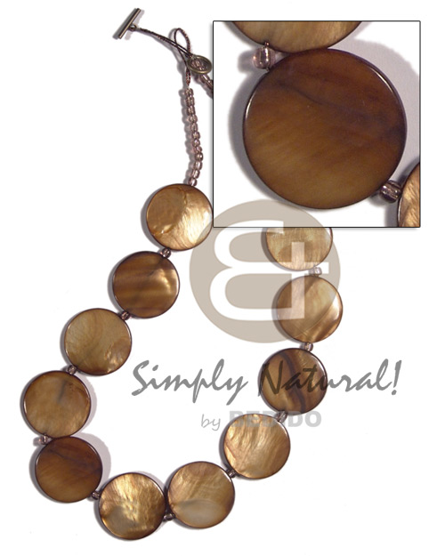 28mm round laminated golden amber kabibe shell ( 12pcs.) in high gloss  glass beads accent / 20in - Home