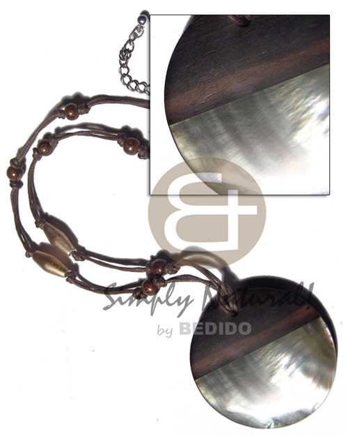 50mm round camagong tiger pendant 4mm thicknes  blacklip shell accent on 2 rows brown wax cord  wood beads accent / 18in  ext. chain - Home