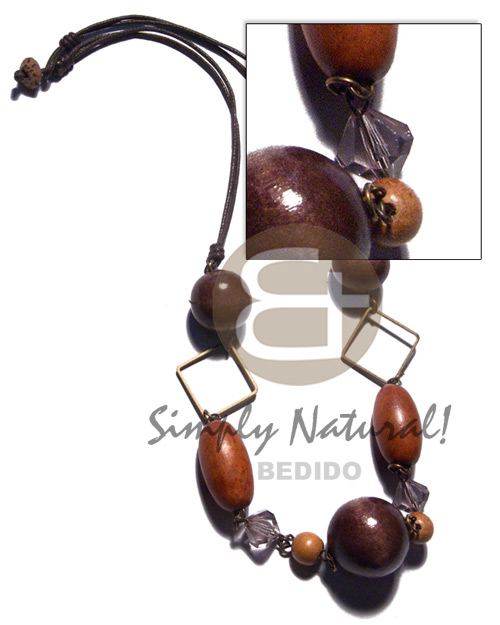 assorted wood beads - 2pcs round 20mm greywood/1 pc round 25mm greywood  / 2pcs 28mmx15mm capsule bayong on chain  acrylic crystals  and square metal ccent on a 2 rows brown wax cord / 22in  coco cord lock - Home