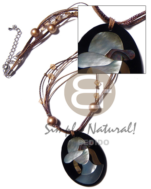 6 rows glitter cord/acrylic crystals/ wood beads combination and 50mmx38mm oval pendant /elegant hat lady delicately etched in shells - brownlip, blacklip and paua combination in jet black laminated resin / 5mm thickness / 18in - Home