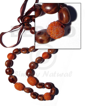 lei / rubber seeds  wood beads wrapped in orange glass beads combination - 32 pcs/ 34 in.adjustable - Home