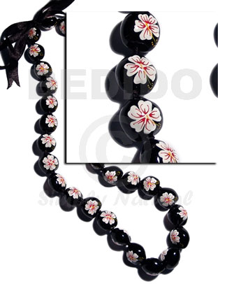lei / black kukui seeds  handpainted white and red flowers - 32 pcs/ 34 in.adjustable - Home
